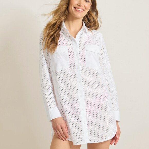 TOMMY BAHAMA Eyelet Cove Boyfriend Beach Shirt in White, size S - Picture 1 of 10